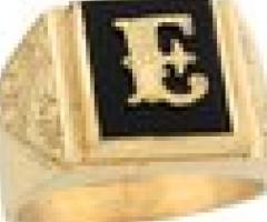 14k Real Gold 12x10mm Rectangle Onyx Letter E Fancy Mens Initial Ring (JL#5669)