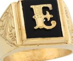 14k Real Gold 12x10mm Rectangle Onyx Letter E Fancy Mens Initial Ring (JL#5669)