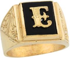 14k Real Gold 12x10mm Rectangle Onyx Letter E Fancy Mens Initial Ring (JL#5669)